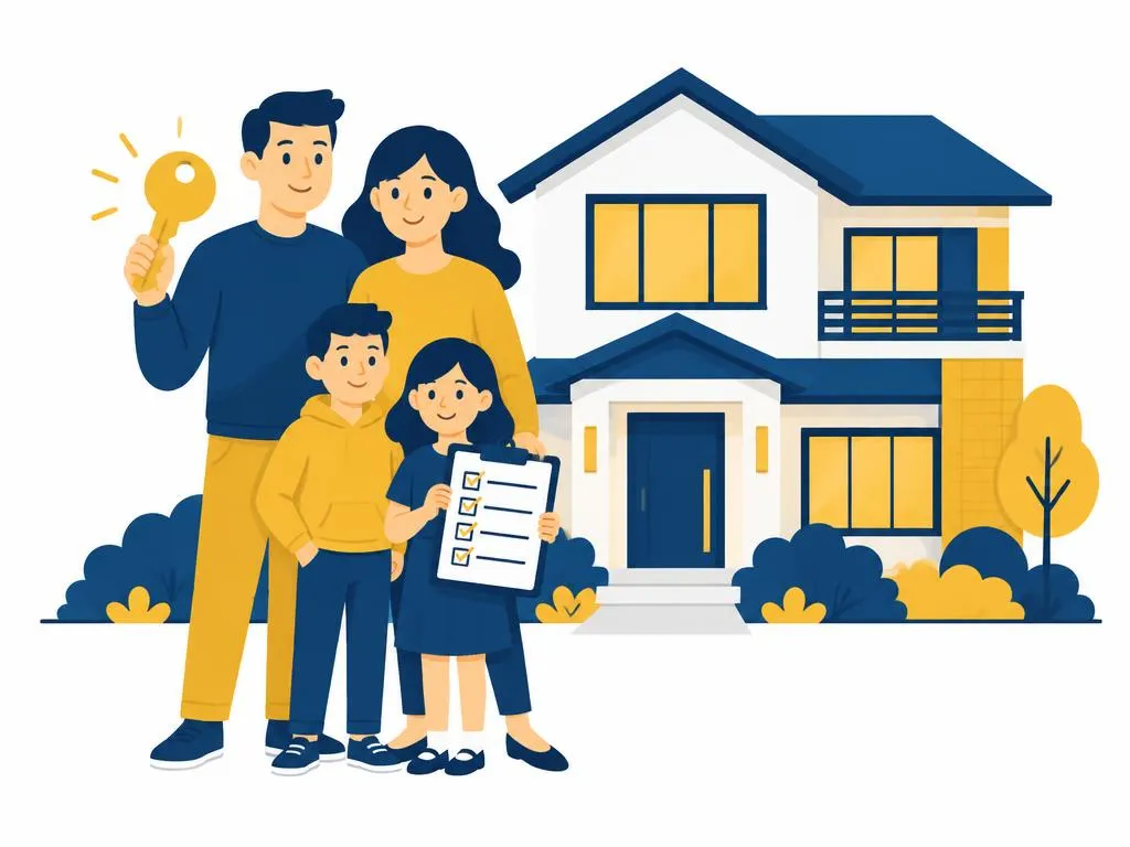 Family holding house keys in front of their new home
